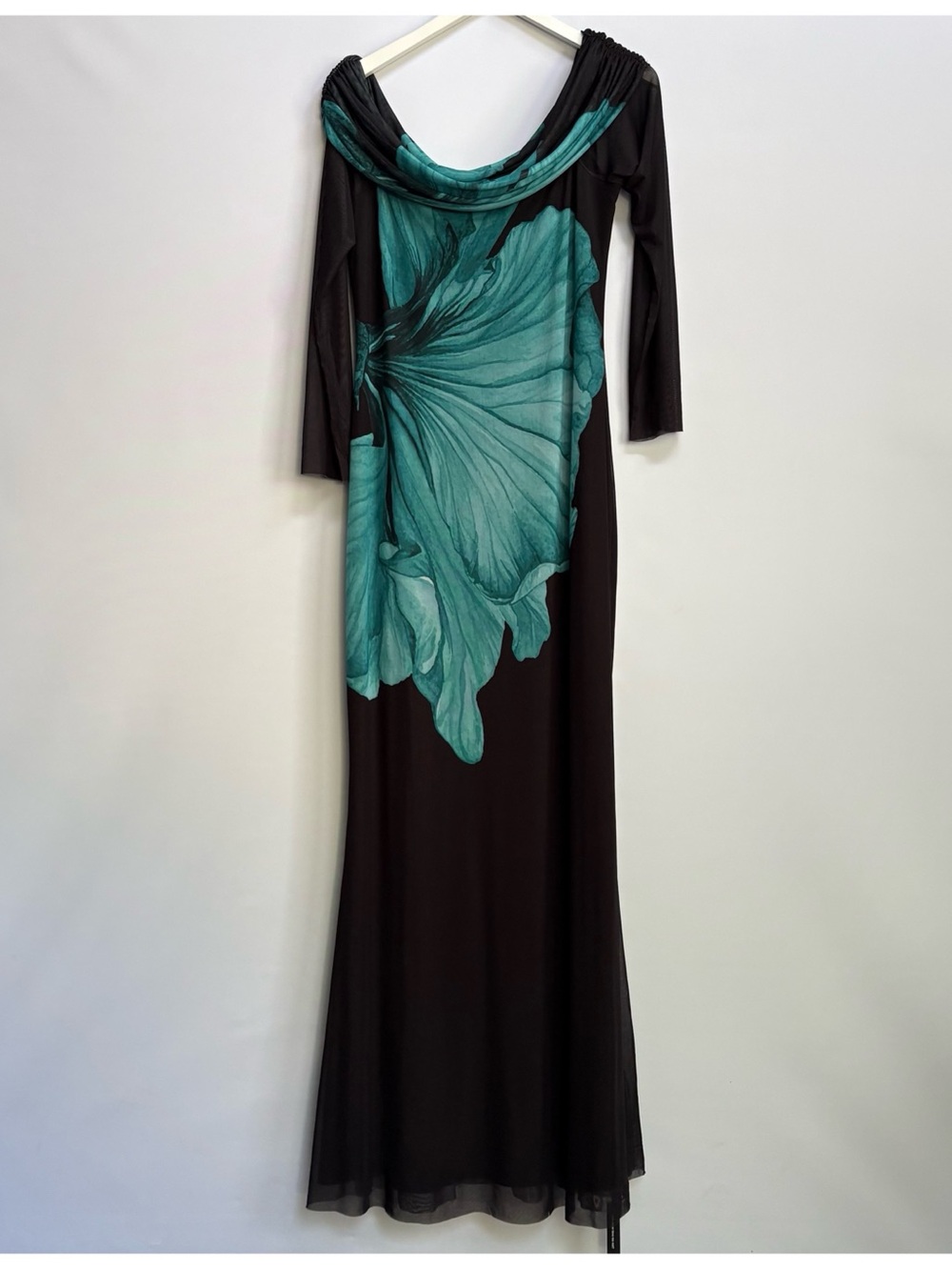 NWT Anthropologie AFRM Long-Sleeve Off-The-Shoulder Teal Flower Mesh Maxi Dress - Picture 9 of 12